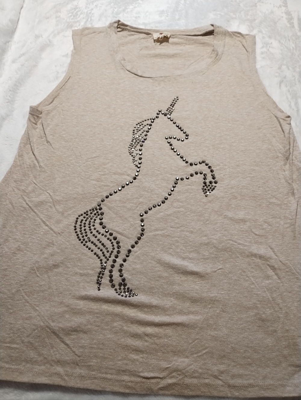 One Clothing Light Beige Womens Top with Studded Unicorn Graphic